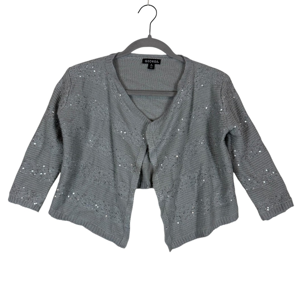 George Sweater Girls 7-8 Silver Sequin Open Front Cardigan Knit V Neck Party